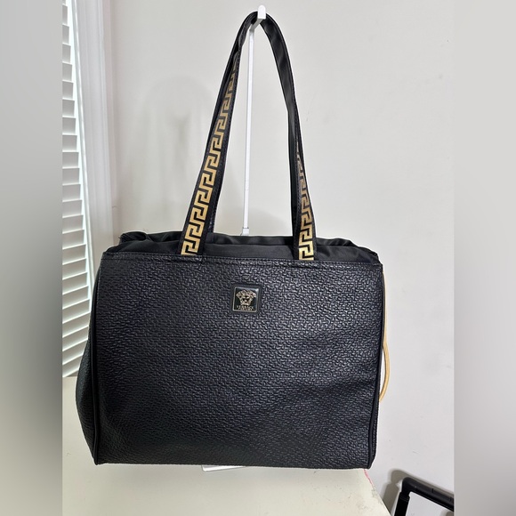 Versace Handbags - Versace Parfume Black Textured Tote with Gold Accents‎